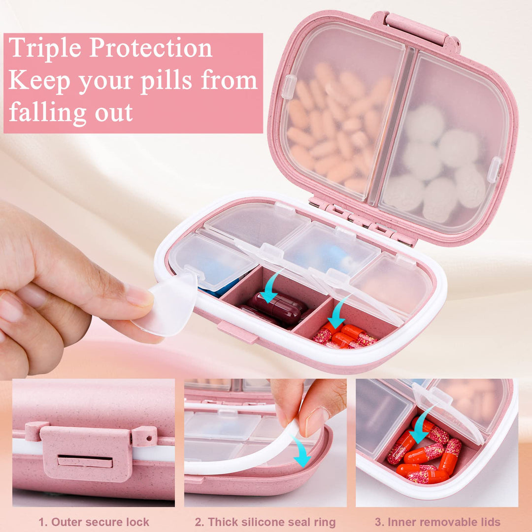 2 Pack 8 Compartments Travel Pill Organizer Moisture Proof Small Pill Box for Pocket Purse Daily Pill Case Portable Medicine Vitamin Holder Container