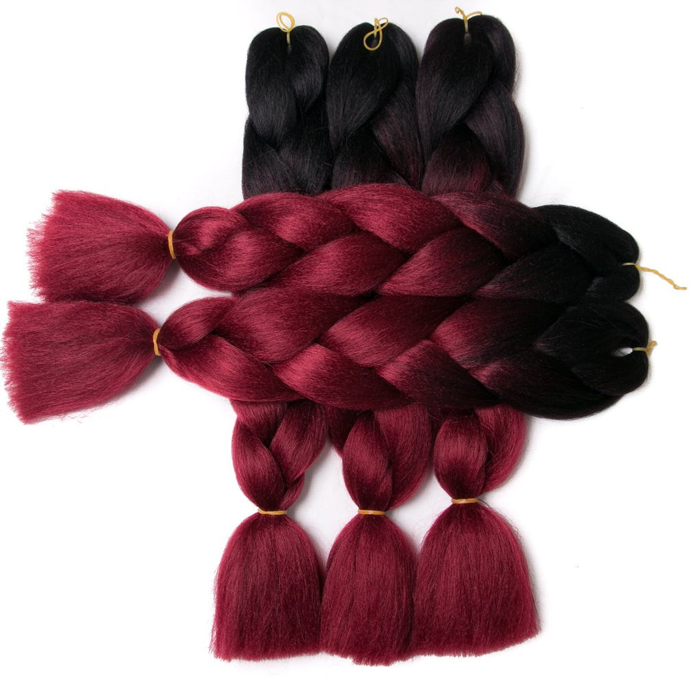 Ombre Braiding Hair 24inch Jumbo Braids High Temperature Fiber Synthetic Hair Extension 5pcs/Lot 100g/pc for Twist Braiding Hair (24inch(Pack of 5), Black-Wine Red)