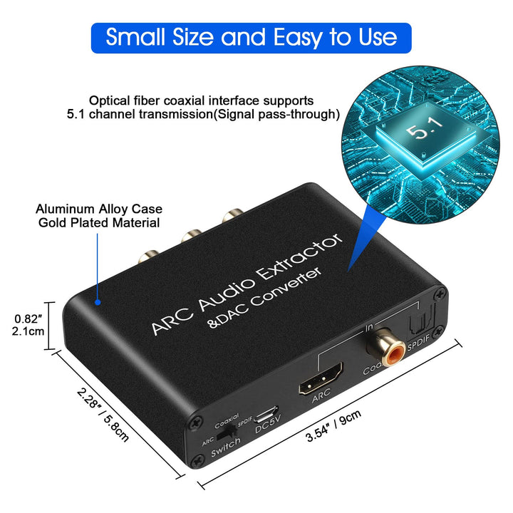 HDMI ARC Audio Extractor 192KHz DAC Converter ARC Audio Extractor Support Digital HDMI Audio to Analog Stereo Audio RCA L/R Coaxial SPDIF and 3.5mm Jack ARC Audio Adapter for TV