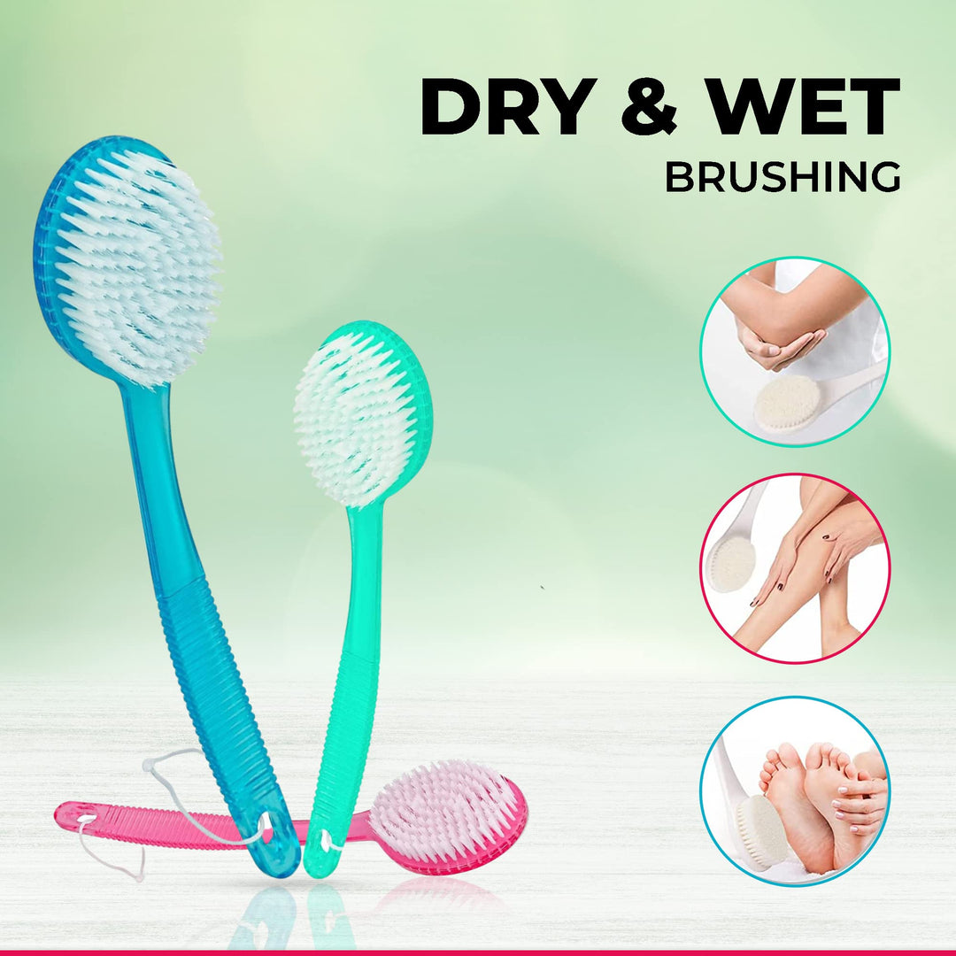 Bath Brush with Bristles, Bath and Shower Scrubber, Long Handle for Exfoliating Back, Body, and Feet (Green, 13in)