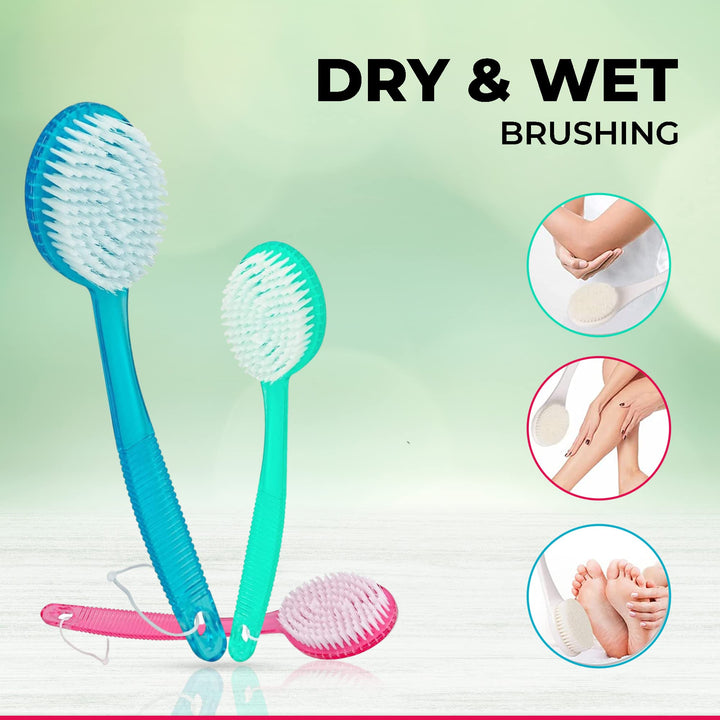 Bath Brush with Bristles, Bath and Shower Scrubber, Long Handle for Exfoliating Back, Body, and Feet (Green, 13in)