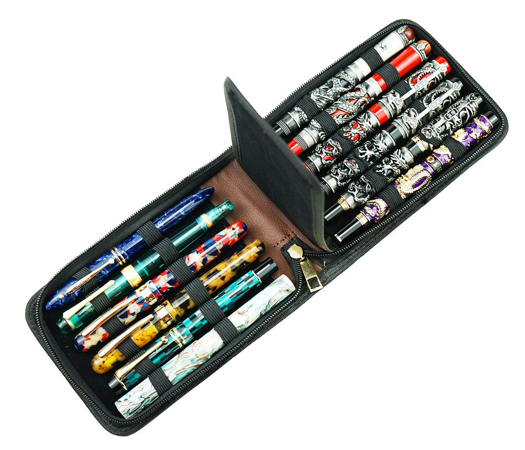 12 Fountain Pen Case PU Leather, Rollerball Pen Display Holder Bag, Pouch Large Capacity for Your Collection - Brown