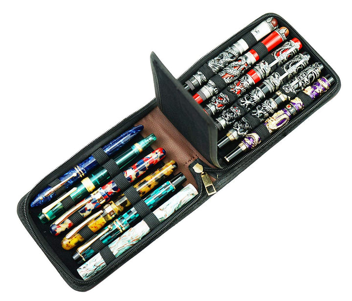 12 Fountain Pen Case PU Leather, Rollerball Pen Display Holder Bag, Pouch Large Capacity for Your Collection - Brown