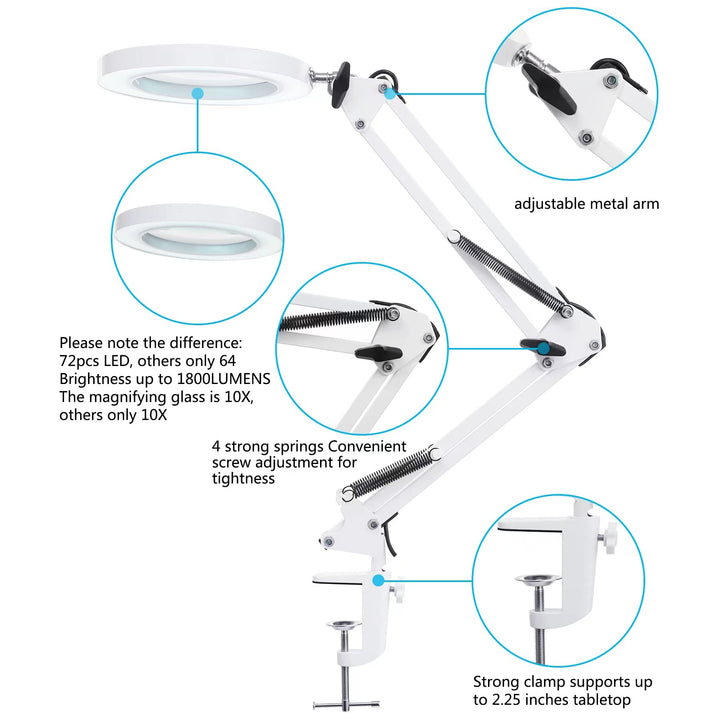 LED Magnifying Lamp with Clamp, 8-Diopter, 10X Real Glass Lens, 3 Color Modes and Stepless Dimmable Magnifier Desk Lamp,Adjustable Swivel Arm Lighted Magnifying Glass for Repair Craft Close Work-White