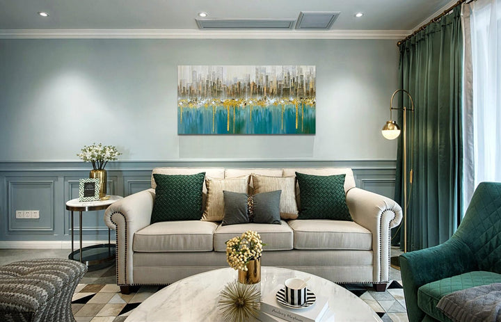Teal Abstract Cityscape Canvas Wall Art Modern Skyline Gold Textured Painting, Grey Buildings Large Size 40x20 Picture Turquoise Artwork Framed for Living Room Bedroom Home Office Wall Decor