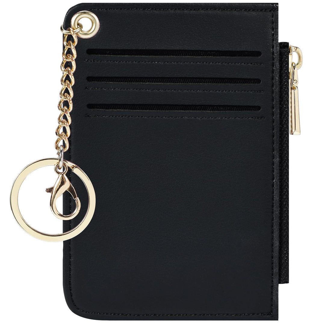Womens Keychain Wallet Slim Front Pocket Minimalist RFID Blocking Credit Card Coin Change Holder Purse Wallet (Black Smooth)