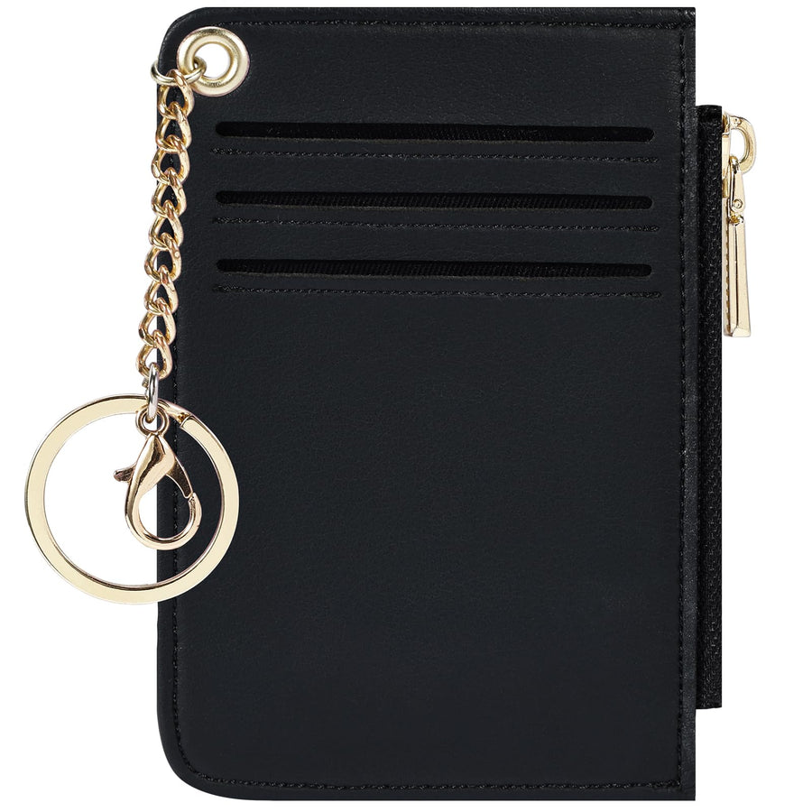Womens Keychain Wallet Slim Front Pocket Minimalist RFID Blocking Credit Card Coin Change Holder Purse Wallet (Black Smooth)