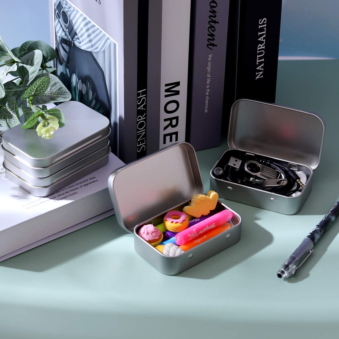 Metal Rectangular Empty Hinged Tins - Pack of 40 Silver Mini Portable Box Small Storage Kit &amp; Home Organizer with lids craft containers 3-1/2&#39;&#39;X2-1/2&#39;&#39;X4/5&#39;&#39;