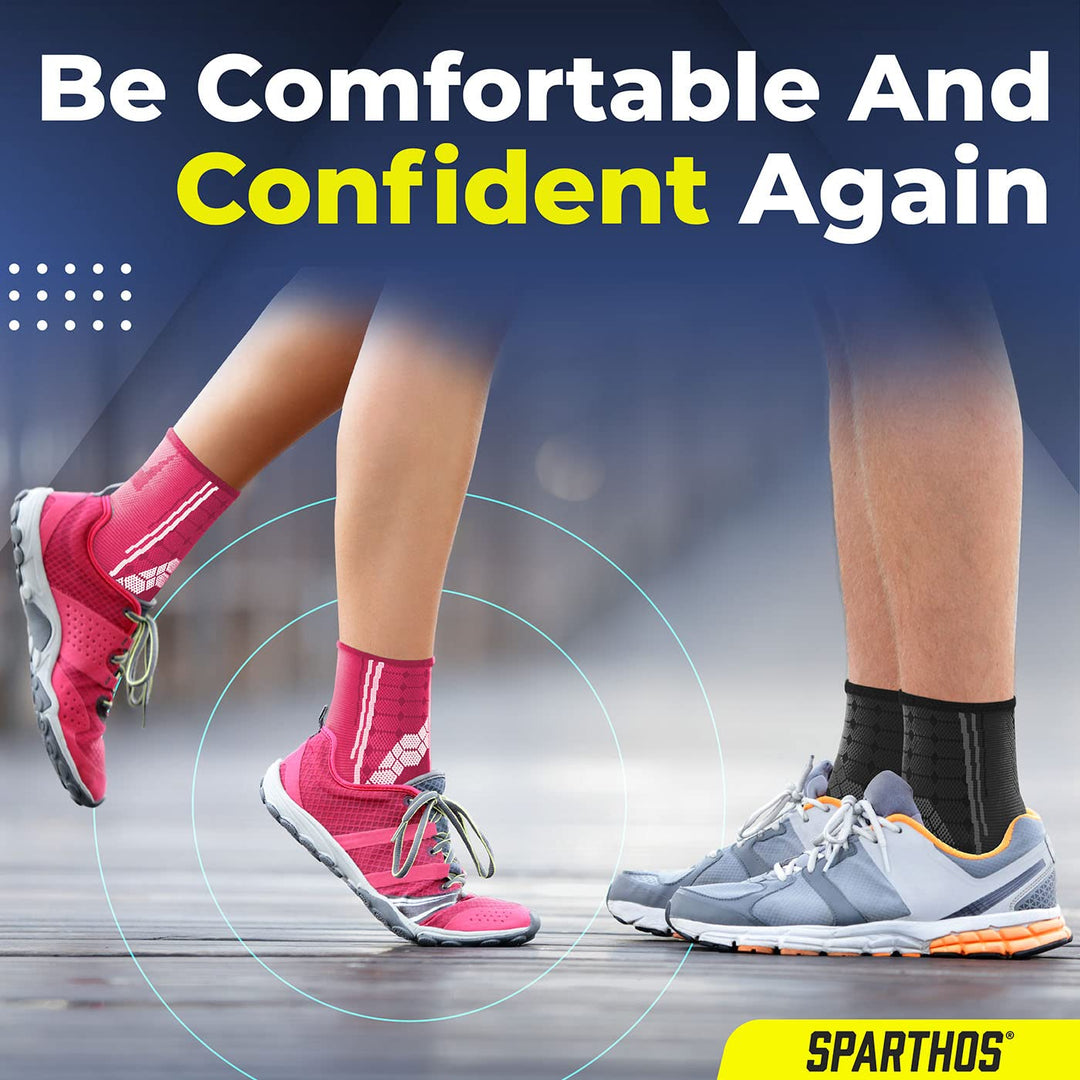 Sparthos Ankle Compression Socks (Pair) – Plantar Fasciitis Ankle Brace with Arch Support – for Men and Women – Foot Sleeves – for Sports, Running, Basketball, Football and Everyday Wear (Black-L)