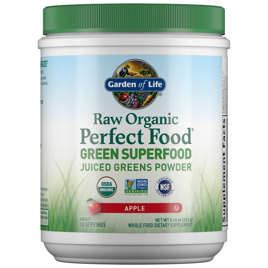 Raw Organic Perfect Food Green Superfood Juiced Greens Powder - Apple Flavor, 30 Servings - Vegan Gluten Free Whole Food Dietary Supplement, Greens Plus Probiotics & Enzymes