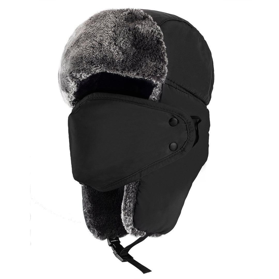 Winter Trooper Trapper Hat Cap Ushanka Russian Hats Ear Flaps Strap with Windproof Facemask Black