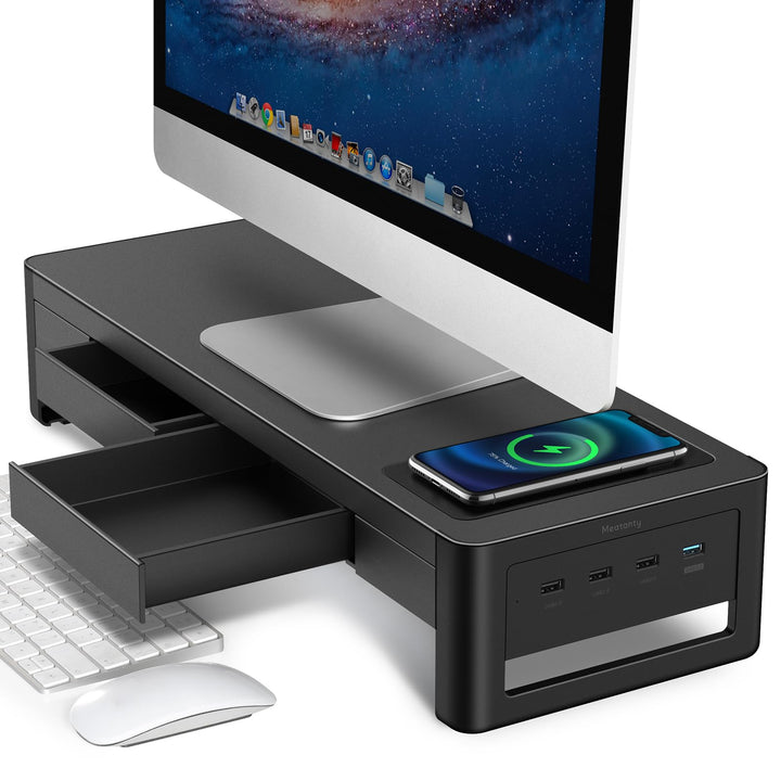 3 In 1 Monitor Stand Riser with 2 Drawers,1 Wireless Charging Module and 4 USB Ports,Metal Computer Stand Support Transfer Data &amp; Charging,Desk Organizer for PC,iMac (21 inches)