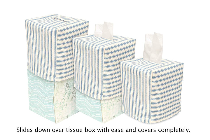 Fabric Tissue Box Cover, Tissue Holder Slipcover, Slips Over Square Cube Cardboard Facial Tissue Boxes -Decorative Blue Bathroom Decor Ticking Stripe, Cotton, Lined