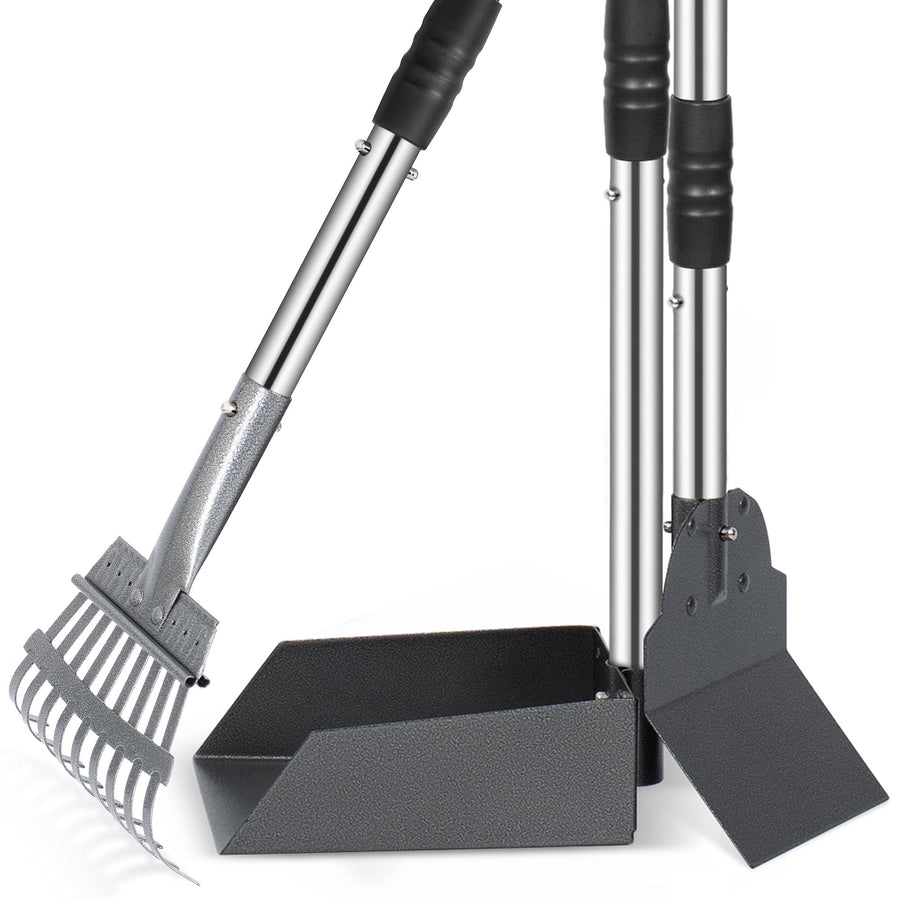 Dog Pooper Scooper, Dog Poop Tray and Rake Set, Pet Waste Removal Scoop with Long Adjustable Sectional Stainless Handles