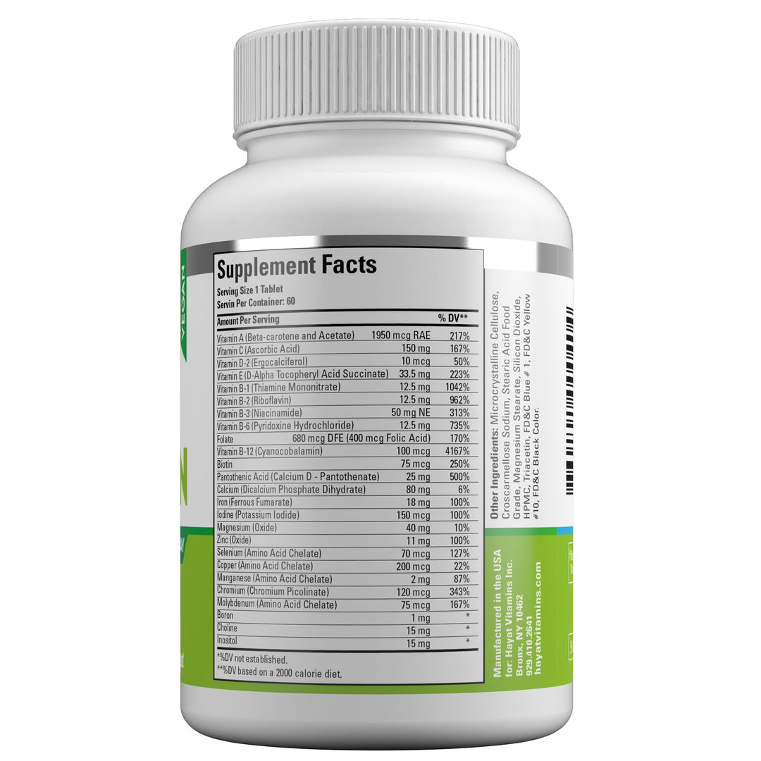 HAYAT Vitamins Vegan Natural Multivitamin, Daily Vitamins with Vitamin A, C, D, E, B1, B2, B3, B6, B12, Biotin, Zinc and More, 2 Month Supply, All Natural, Certified Halal, 60 Tablets, Made in The USA