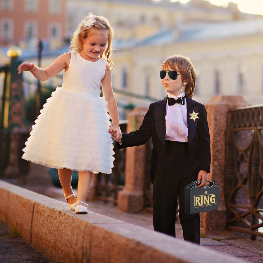Ring Wedding Bearer Security:Ring Wedding Security Set Ring Box Bearer + Sun Glasses + EarPiece Cosplay + Ring Badge Bearer Toy Ring Bearer Gifts Box Outfit (Gold Classic Style)