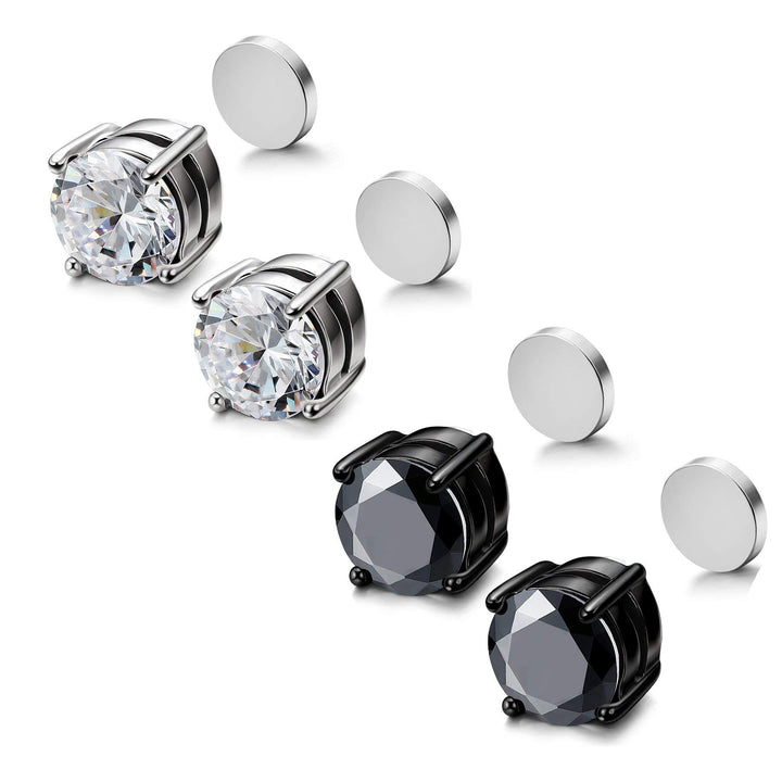 Stainless Steel Stud Earrings for Men Women Unisex Cubic Zirconia Inlaid 2 Pairs 8MM