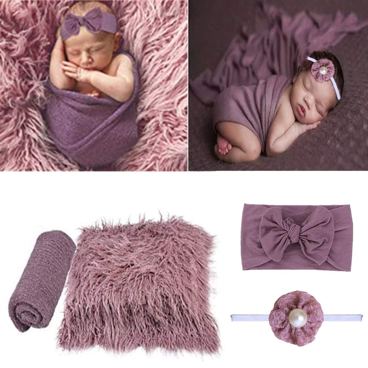 4 Pcs Newborn Photography Props Outfits- Baby Long Ripple Wrap and Toddler Swaddle Blankets Photography Mat with Cute Headbands for Infant Boys Girls(0-12 Months) (Purple)