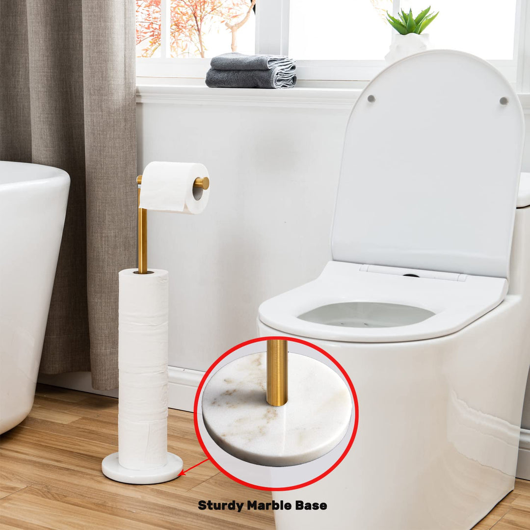 Gold Toilet Paper Holder Stand with Heavy Marble Base, Freestanding Toilet Tissue Roll Holder Gold Brushed, SUS304 Stainless Steel Gold Brushed Finish
