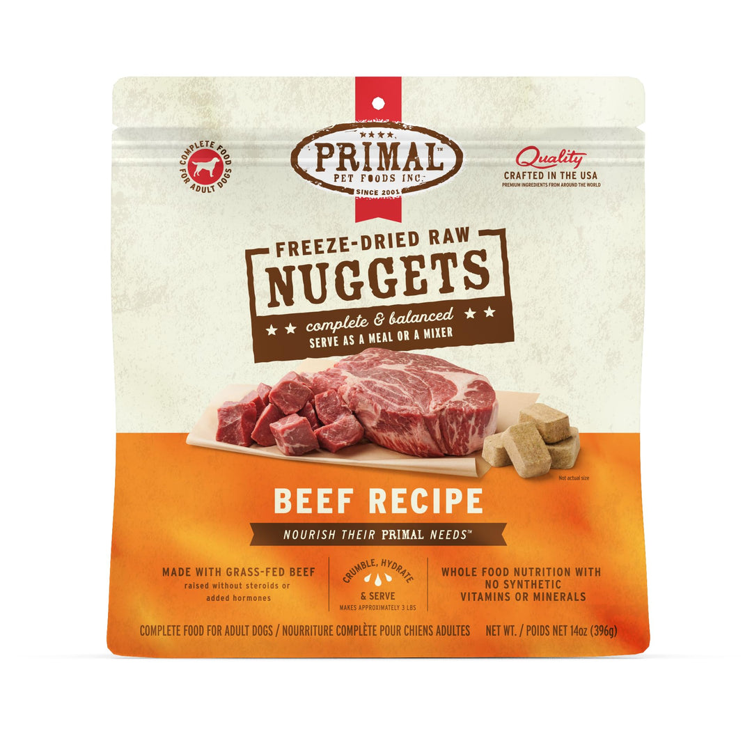Primal Freeze Dried Raw Dog Food Nuggets, Beef, Complete &amp; Balanced Meal, Also Use as Topper or Treat, Premium, Healthy, Grain Free, High Protein Raw Dog Food, 14 oz