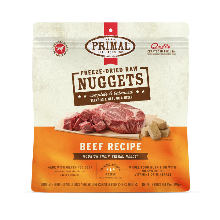 Primal Freeze Dried Raw Dog Food Nuggets, Beef, Complete &amp; Balanced Meal, Also Use as Topper or Treat, Premium, Healthy, Grain Free, High Protein Raw Dog Food, 14 oz
