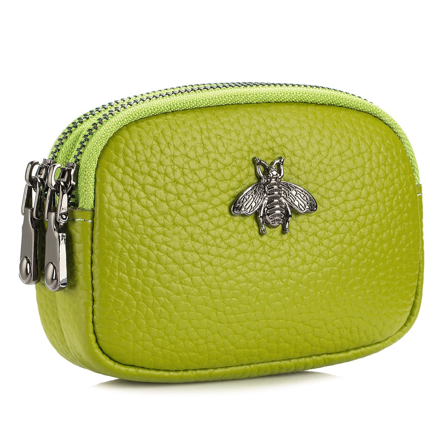 Women Leather Coin Purse, Small 2 Zippered Change Pouch Wallet(Yellow Green)