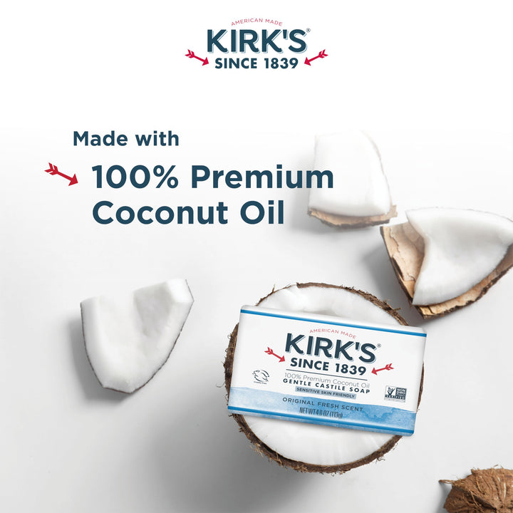Kirk&#39;s Castile Bar Soap Clean Soap for Men, Women &amp; Children| Premium Coconut Oil | Sensitive Skin Formula, Vegan | Original Fresh Scent | 4 oz. Bars - 3 Pack