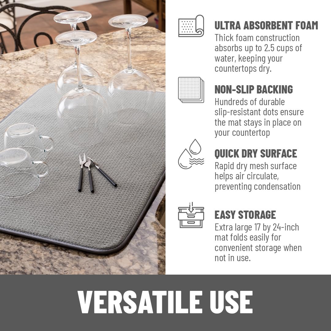 XXL Dish Mat 24 x 17 ( LARGEST MAT ) Microfiber Dish Drying Mat , Super absorbent ( Gray )
