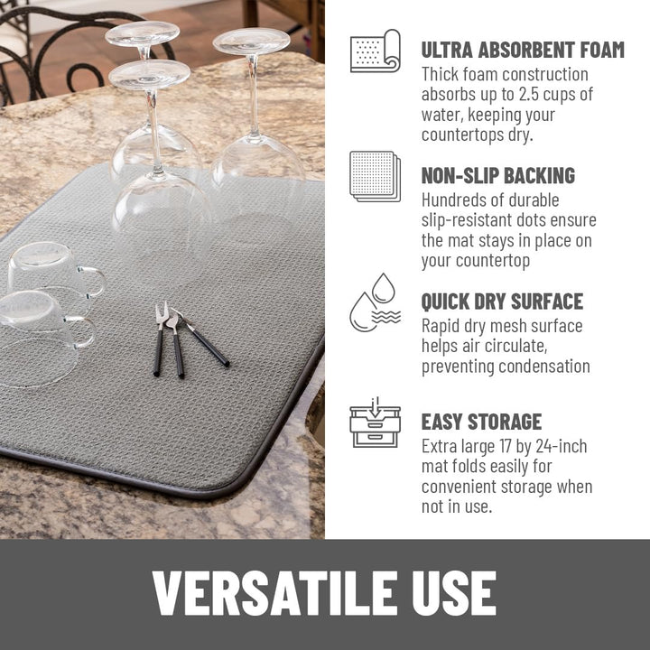 XXL Dish Mat 24 x 17 ( LARGEST MAT ) Microfiber Dish Drying Mat , Super absorbent ( Gray )