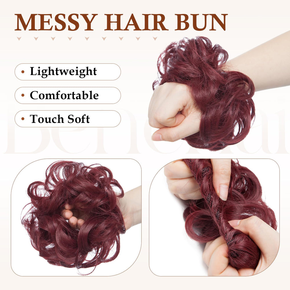 Messy Bun Hair Piece Scrunchy Updo Hair Pieces for Women Fluffy Wavy Hair Bun Scrunchies Donut Hairpiece Synthetic Chignons with Elastic Rubber Band Burgundy Red 1Pc