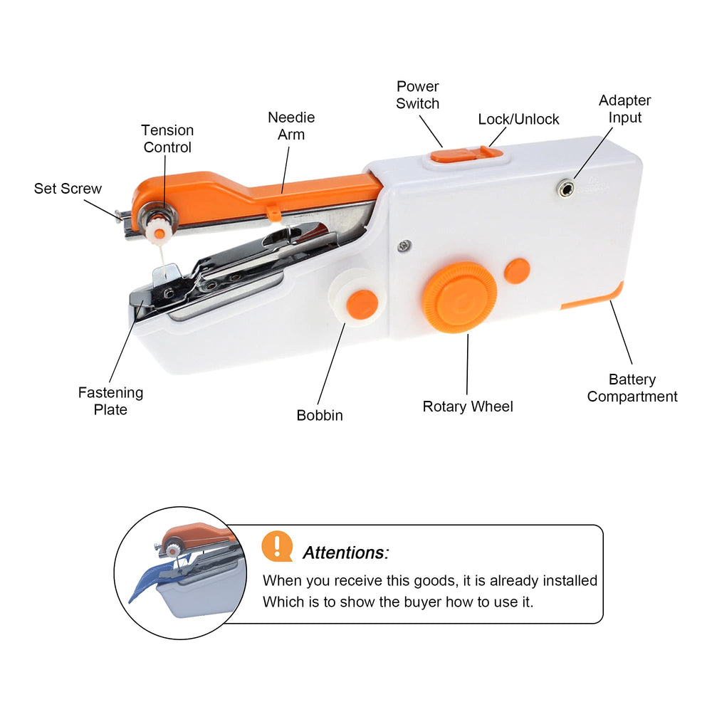 Handheld Sewing Machine, Small Portable Sewing kit, Mini Electric Sewing Machine, for Beginner /DIY Clothes Fabrics/Home Travel, with Sewing Threads, Needles, Threader, Scissor, Safety Pins, Thimbles, Orange