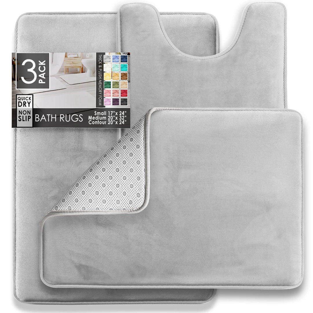 3 Piece Bathroom Rugs Bath Mat Set, Velvet Memory Foam Bath Mats for Bathroom - Non-Slip, PVC Backing Bath Rugs, Washable Bathroom Rug Mats - Dries Quickly, Silver Bathroom Rug Set