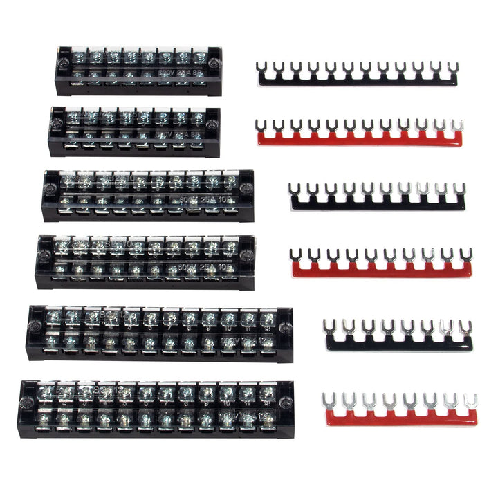 Terminal Block and Strip - 6 Sets 8/10/12 Positions 600V 25A Dual Row Wire Screw Terminal Strip Block with Cover + 400V 25A Pre-Insulated Terminals Barrier Strips Jumpers (Black &amp; Red)