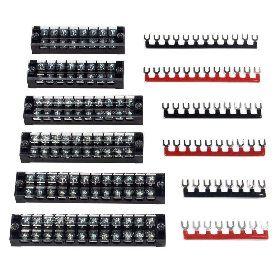 Terminal Block and Strip - 6 Sets 8/10/12 Positions 600V 25A Dual Row Wire Screw Terminal Strip Block with Cover + 400V 25A Pre-Insulated Terminals Barrier Strips Jumpers (Black & Red)