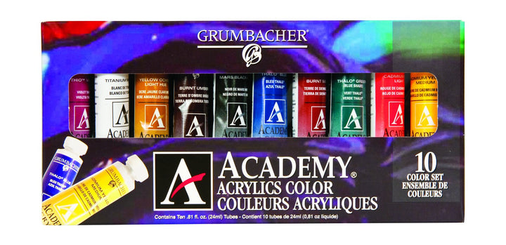Academy Acrylic Paint, Gloss, 24ml/0.8 oz Metal Tube, 10-Color Set, C1030