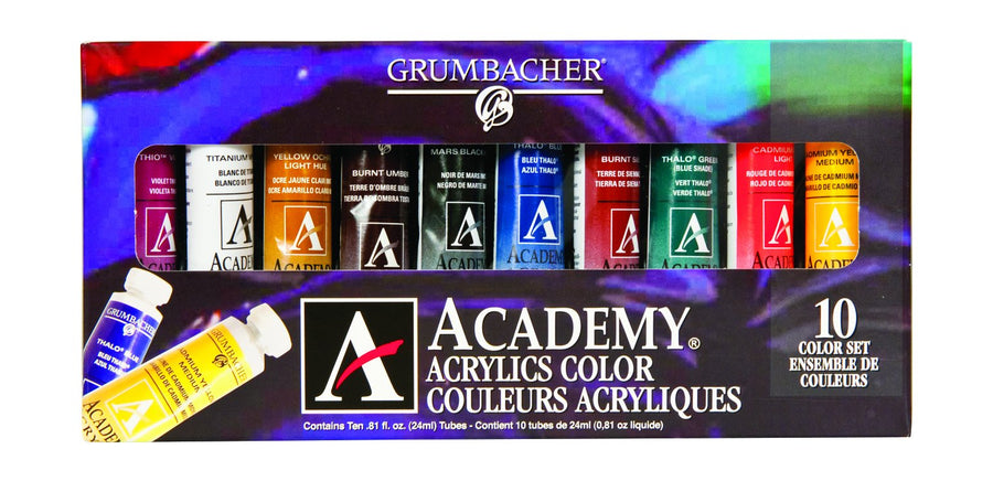 Academy Acrylic Paint, Gloss, 24ml/0.8 oz Metal Tube, 10-Color Set, C1030