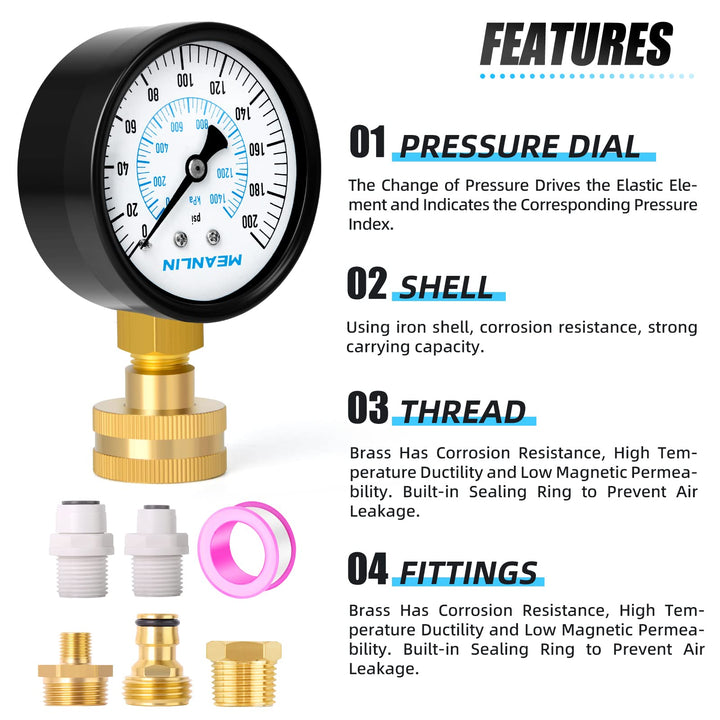 0~200Psi 3/4 Female Water Pressure kit Plus 5 adapters, 2.5 FACE DIAL Multi-Purpose Pressure Gauge kit, Hydraulic Tester,Suitable for Gardens, Water Pipes, etc