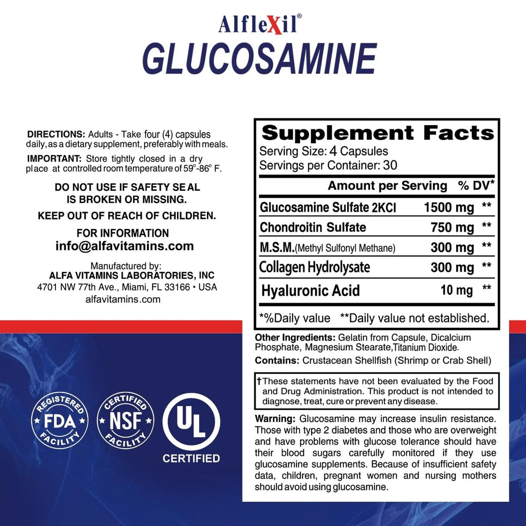 Alflexil Premium Glucosamine &amp; Chondroitin Nutritional Supplement - Healthy Joint, Bone &amp; Knee Support - Rich In MSM &amp; Collagen - Organic natural Ingredients - Made In USA - 120 Capsules