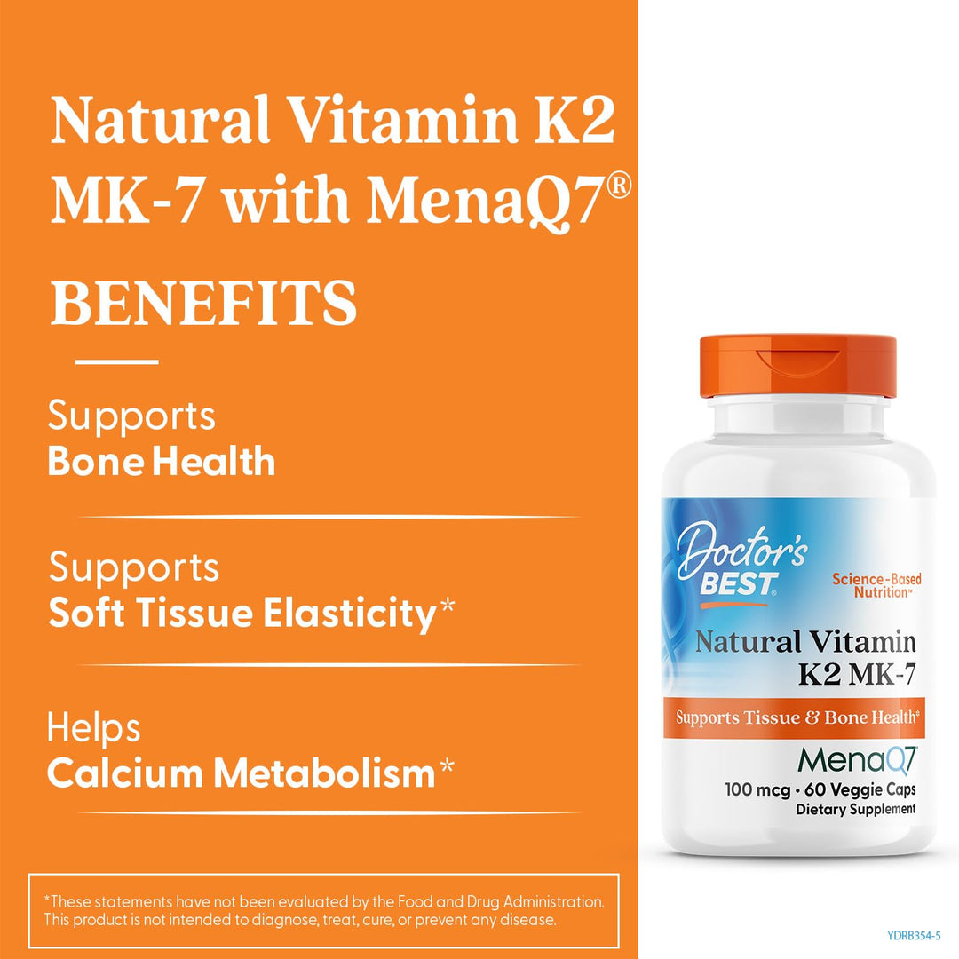 Doctor&#39;s Best Natural Vitamin K2 Mk-7 with MenaQ7, 100mcg Vitamin K2 Supplement Supports Bone Health, Non-GMO, 60 Veggie Capsules