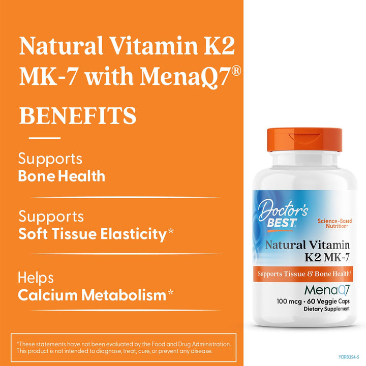 Doctor&#39;s Best Natural Vitamin K2 Mk-7 with MenaQ7, 100mcg Vitamin K2 Supplement Supports Bone Health, Non-GMO, 60 Veggie Capsules