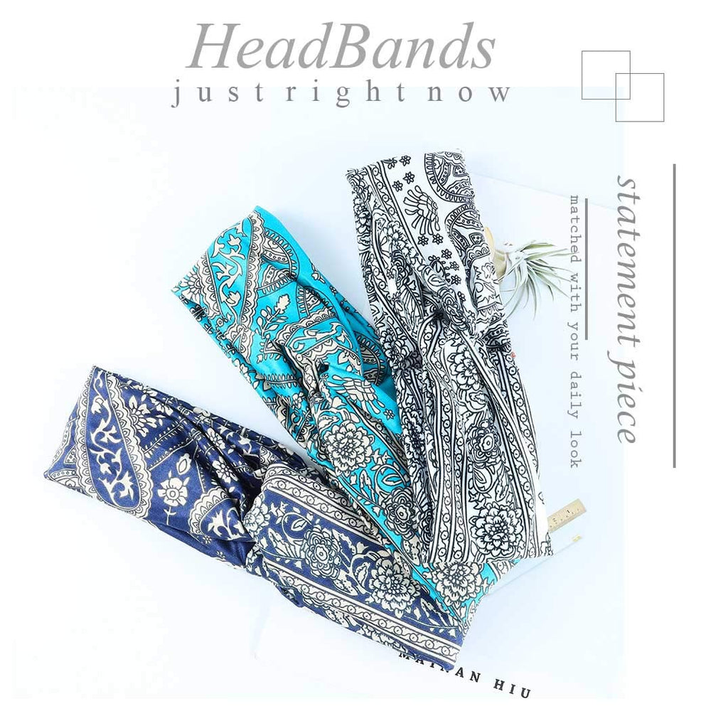 Boho Athletic Travel Headbands Cross Workout Head Wrap Knotted Turban Hair Scarf Yoga Elastic Printed Hair Band for Women and Girls(Pack of 3)