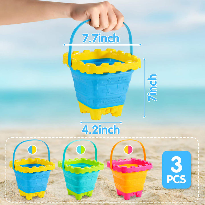 3PCS Collapsible Sand Bucket, 2.7L Portable Silicone Foldable Castle Pails Buckets, Sand Castle Building Kit, Sand Castle Molds Beach Toys, Camping Gear, Foldable Beach Buckets for Travel