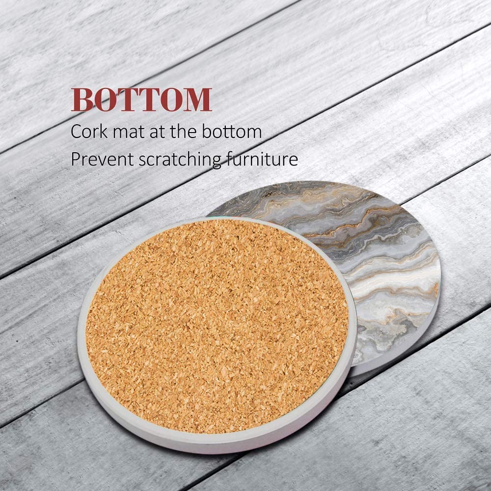 Coaster for Drinks Set of 6, Grey Marble Golden Stone Agate Table Absorbent Round Ceramic Stone Mat, with Cork Base and Metal Holder, Gift for Housewarming Room Bar Decor