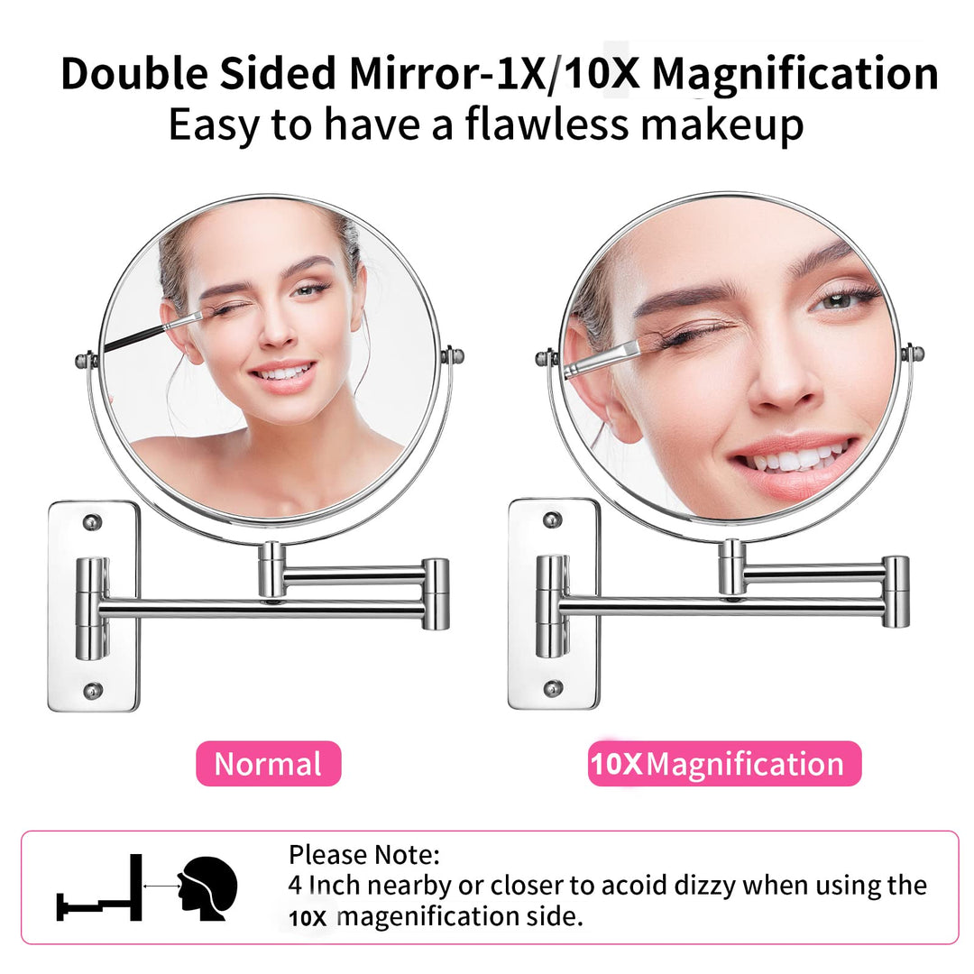 Magnifying Mirror,Makeup Mirror Wall Mounted,8 Inch Magnifying Makeup Mirror,1X/10X Magnifying Mirror Wall Mounted,360 Rotation Vanity Mirror,Chrome Finish