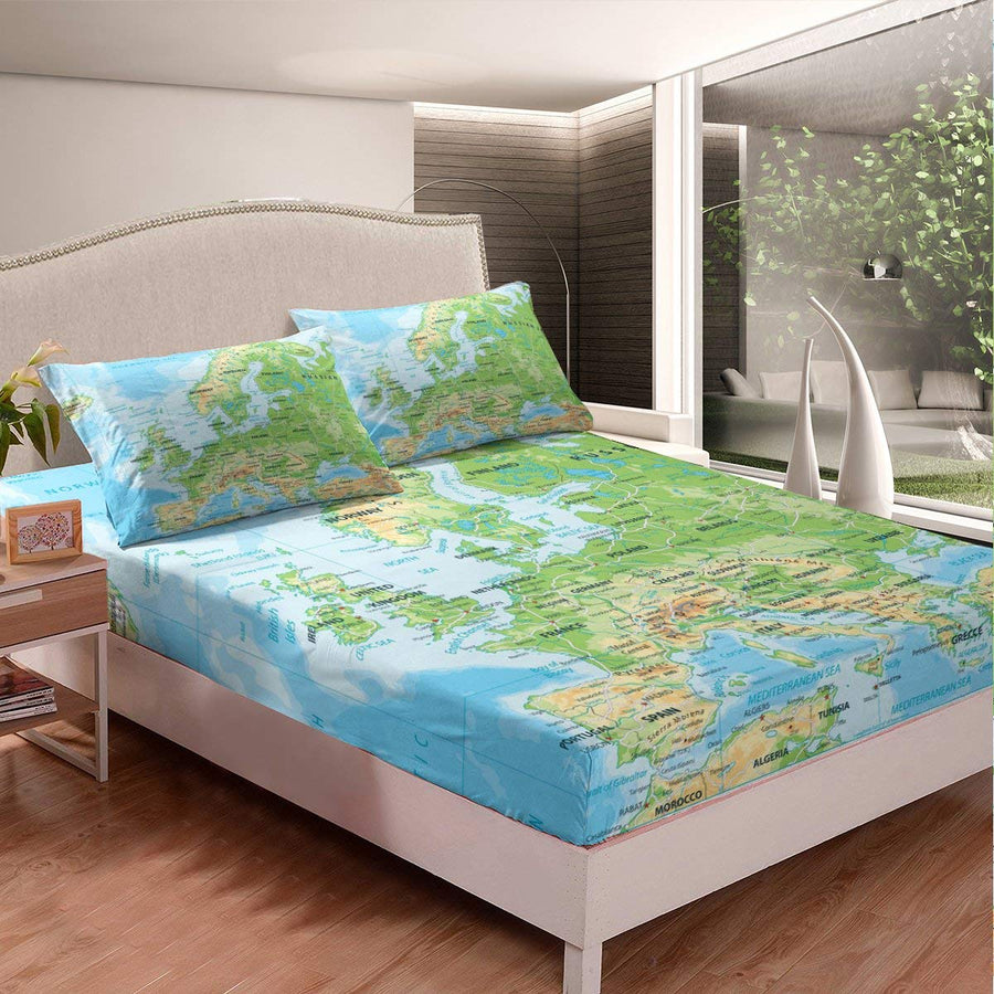 Erosebridal World Map Sheet Set Twin Size, Blue Ocean B