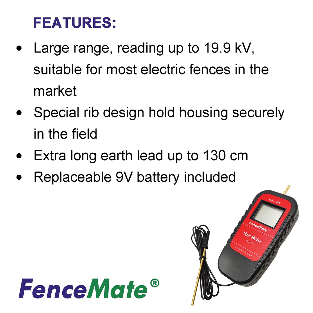 Digital Volt Meter for Electric Fence, Range up to 19,900 V (19.9 kV), Fence Voltage Tester with Large LCD Display, Automatic On/Off, Grounding &amp; 9V Battery Included