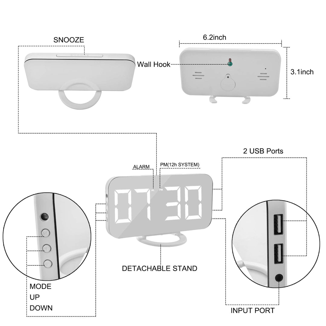 Digital Clock Large Display, LED Electric Alarm Clocks Mirror Surface for Makeup with Diming Mode, 3 Levels Brightness, Dual USB Ports Modern Decoration for Home Bedroom Decor-White (001)
