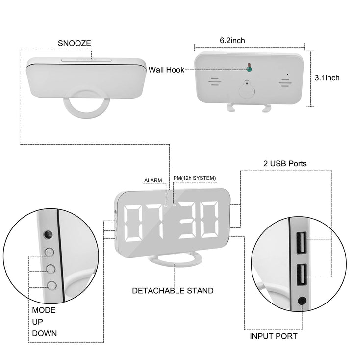 Digital Clock Large Display, LED Electric Alarm Clocks Mirror Surface for Makeup with Diming Mode, 3 Levels Brightness, Dual USB Ports Modern Decoration for Home Bedroom Decor-White (001)