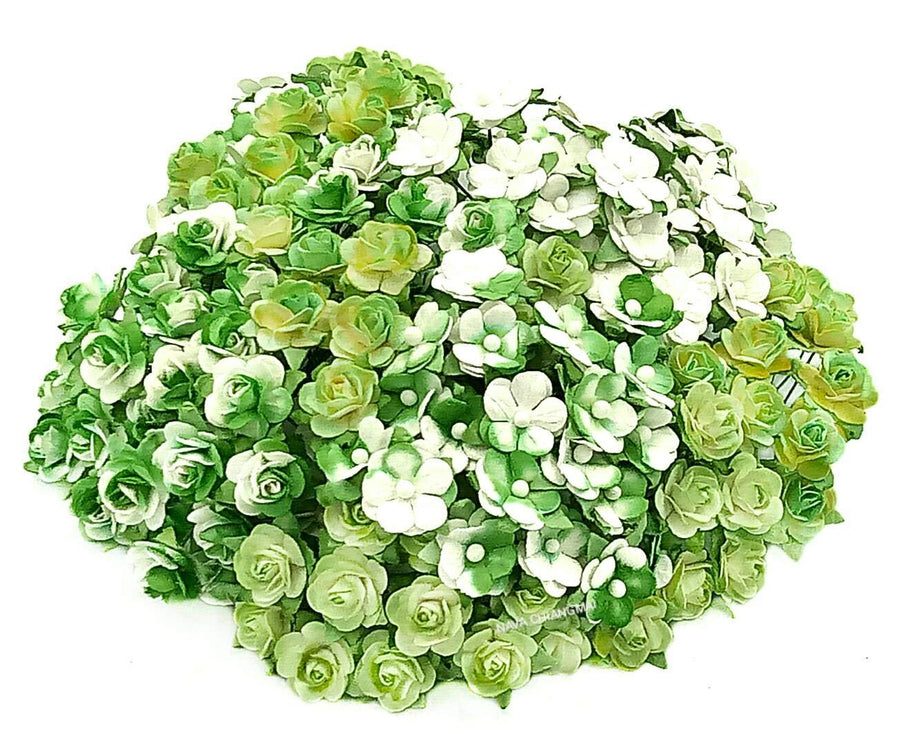 100 pcs Artificial Mulberry Paper Rose Flower Mixed Color Tone Decorative Flowers for Crafts, Scrapbook Embellishments,Paper Craft Flowers,Mini Decorative Flowers. (Green Tone)