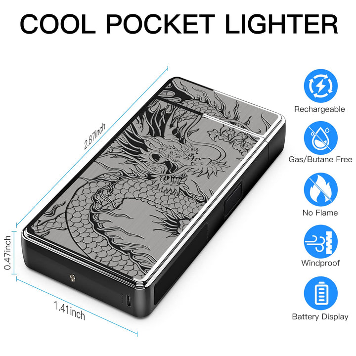 Electric Lighter, USB Rechargeable Plasma Arc Lighter, Windproof Flameless Butane Free Mini Lighter for Candles, Fireworks, Outdoor Camping Activities (Black Dragon)